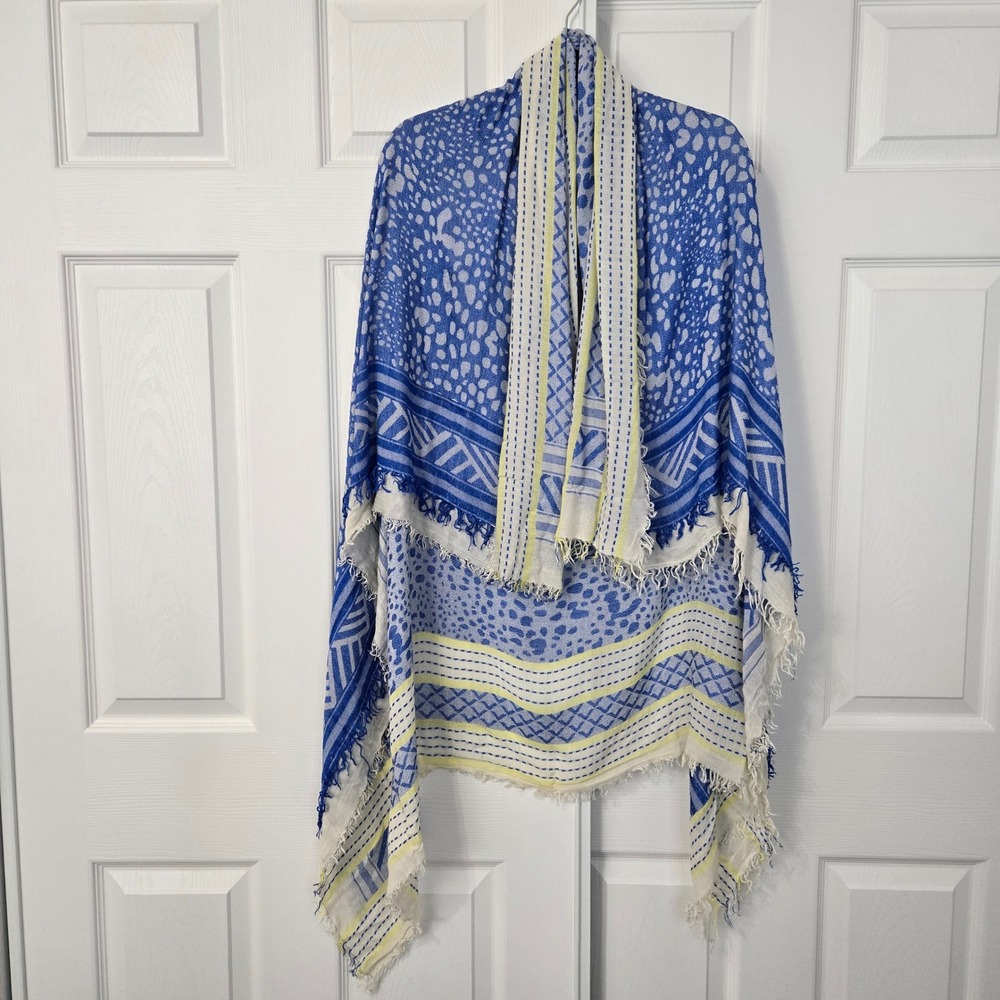 Blue White Yellow Geometric Print Oversized Wrap Scarf Eyelash Fringe